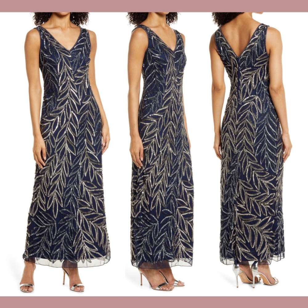 NEW Pisarro Nights [ 16 ] Beaded‎ Column Gown in Navy Blue